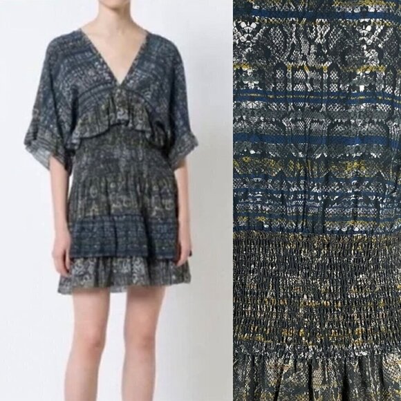 IRO Tulsa Dark Snake Printed Silk Tiered Smocked Ruffled Mini Party Dress US 8 - Picture 1 of 10